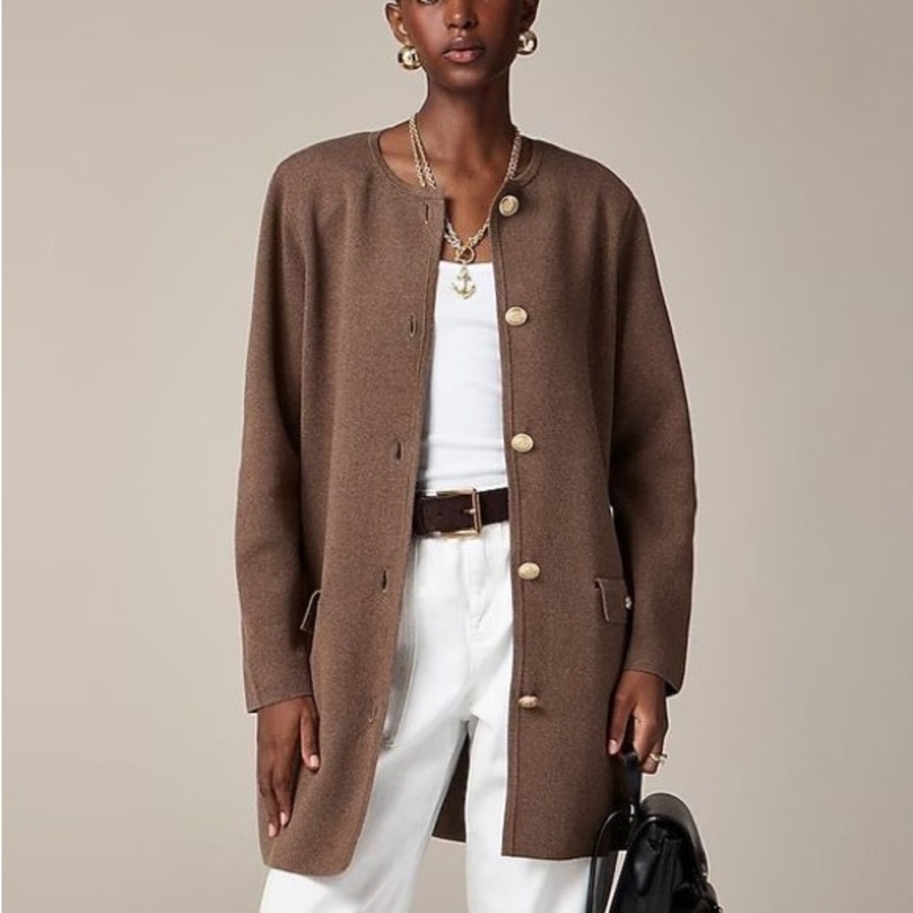 Classic Brown Button-Front Long Cardigan Coat. Size L